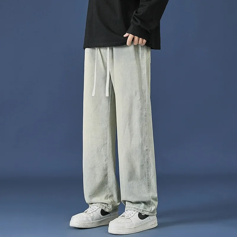 アメリカンスレ マッドカラー レディースジーンズ 2024年春新作 エラスティックウエスト ドローストリング カジュアル ワイドレッグ ストレート ハイストリートパンツ