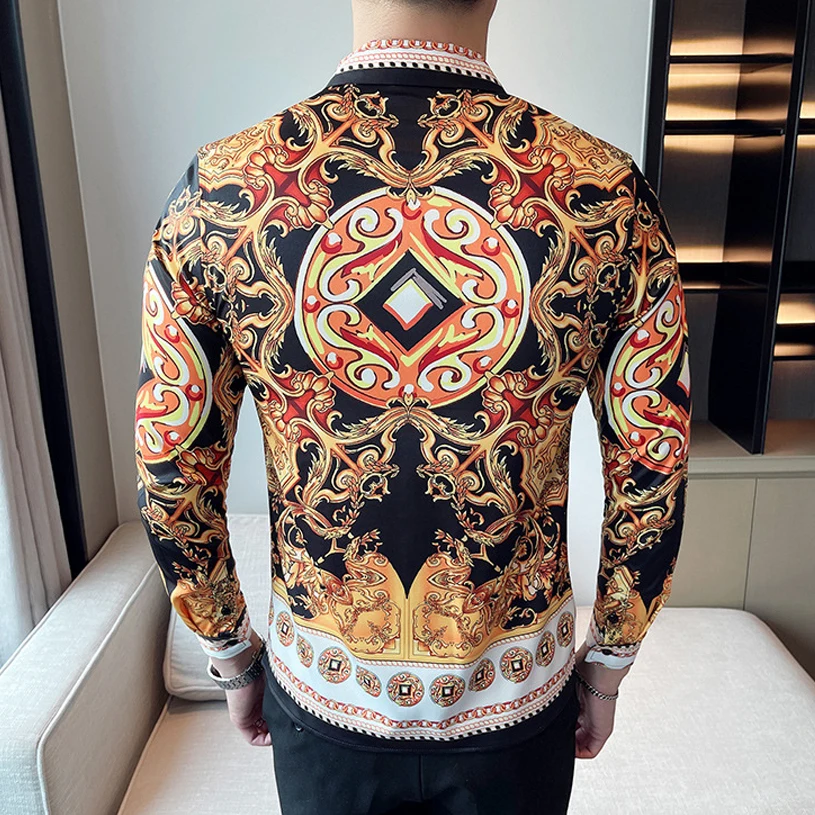 Luxury High-end Brand Boutique Fashion Print Design Design Nightclub Stage Party Mens Casual Long-sleeved Shirt Male Slim Shirt