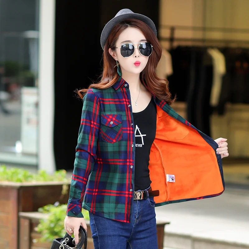 

Thiened Fce Warm Plaid irt Корейский женский облегающий эластичный костюм больших размеров из полиэфирного волокна Long Sve irt для девочек