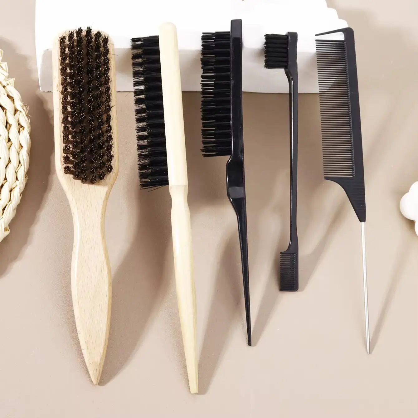

5pcs styling comb set,wooden handle hair brush,teasing brush,mouse tail comb edge brush Special for real hair wigs
