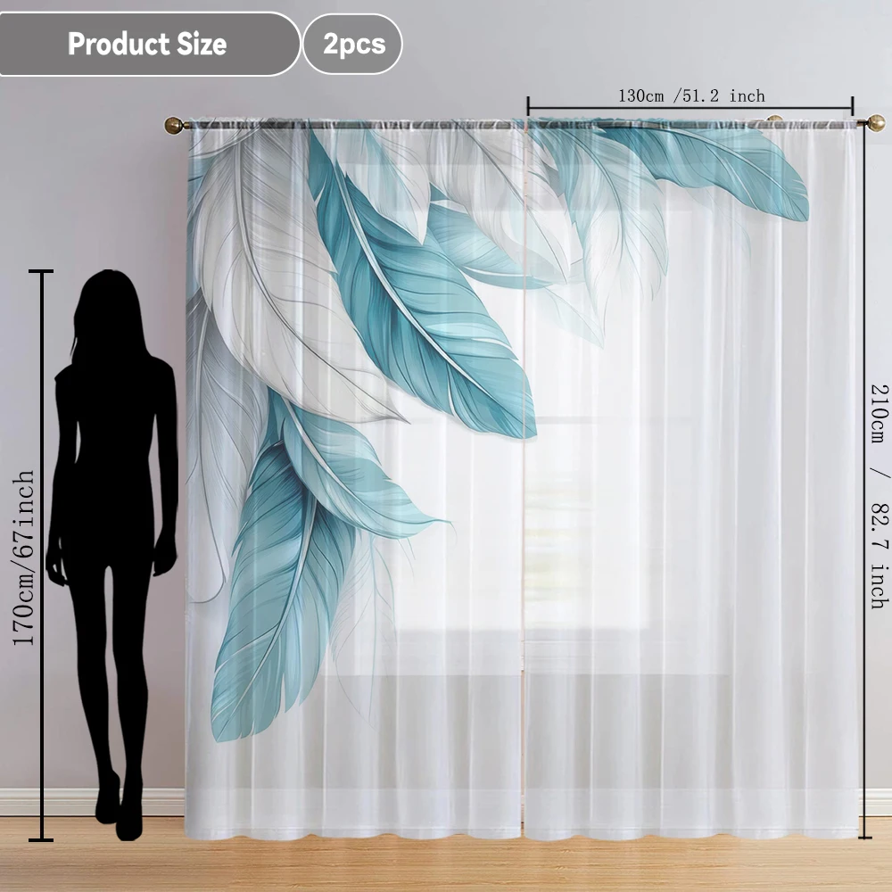 2Pcs White And Blue Feather Print Home Decoration Window Screens Suitable For Coffee Shops, Restaurants, Bedrooms