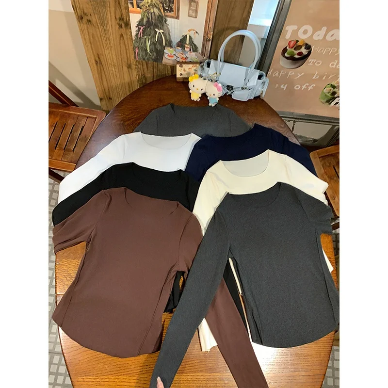 

White Slim Fit Long Sve T-irt Autumn Winter Women's Faionable Base Layer Top High Waist Design Sweat Absorbent Polyest...