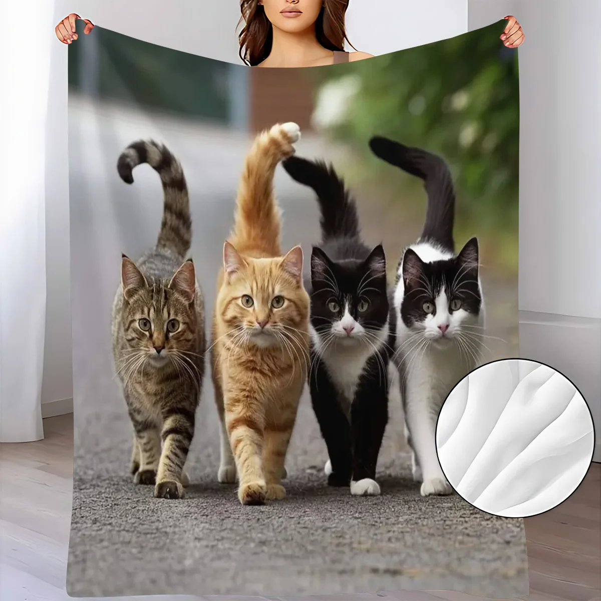 1pc 5D Cute Cat Print Flannel Blanket - Soft & Warm All-Season Cozy Throw with Tabby & Tuxedo Cats Design, Lightweight for Bed,