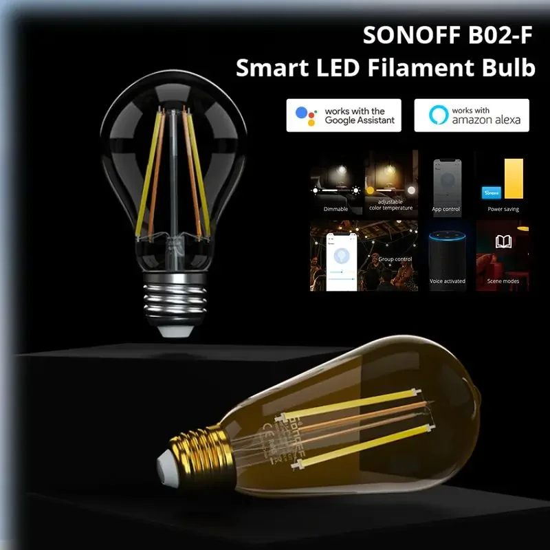 SONOFF B02-F Smart WiFi LED Filament Bulb E27 RGB LED Lamp Warm White Colorful Dimmable Light App Voice Control For Alexa Google