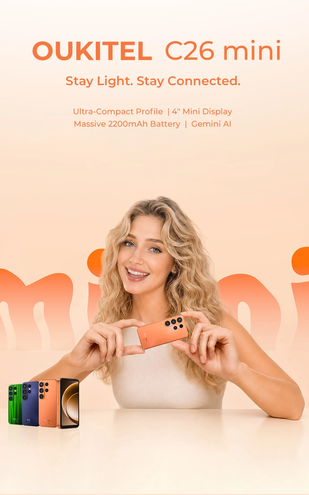OUKITEL C26 Mini Smartphone, Ultra Compact 4" Mini Display, Up to 12GB RAM (3+9) +32GB ROM, Massive 2300mAh Battery, Android 16, Gemini AI, Small Pocket Mini Mobile Phone, Stay Light Stay Connected