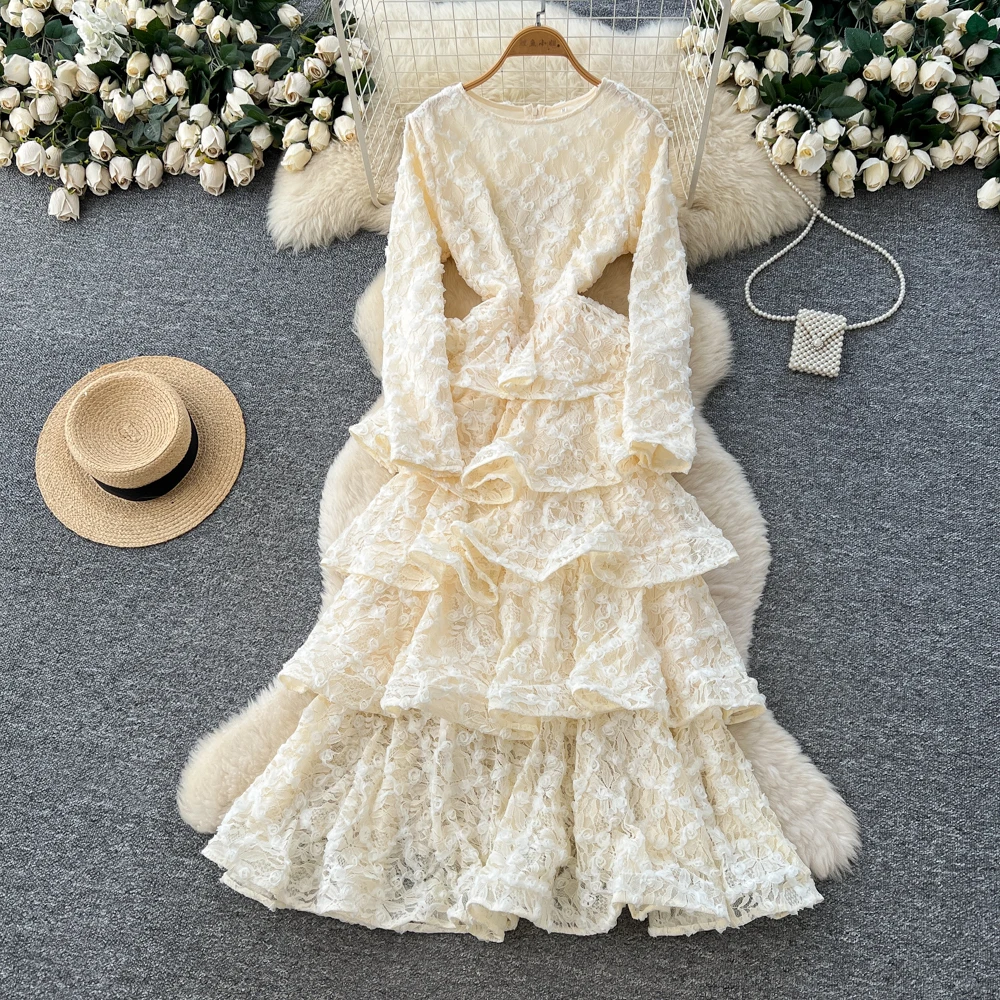 

Шикарный винтажный кружевной сарафан с длинными рукавами и рюшами, элегантный сказочный милый сарафан, женская одежда, платье трапециевидной формы