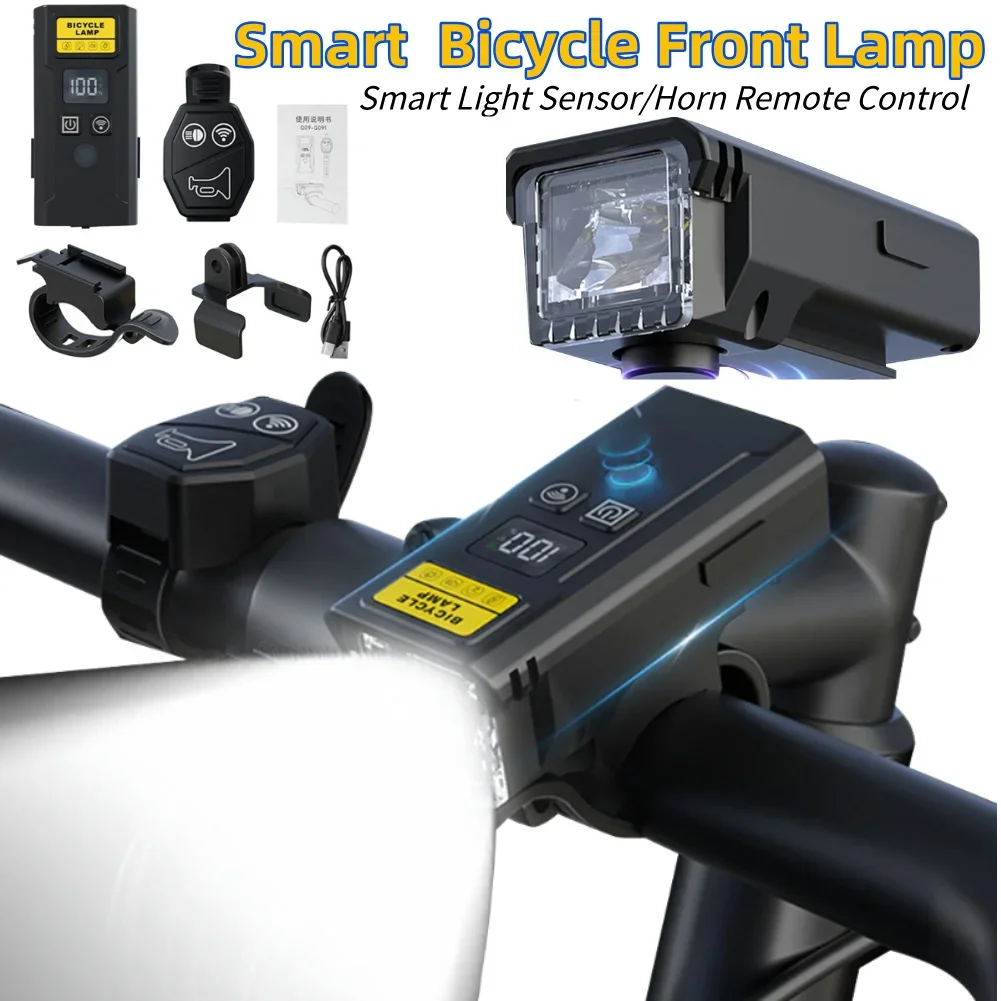

Bicycle Front Lamp with Horn Smart Light Sensor Bike Handlebar Flashlight Rechargeable Cycling Safety Lamp Bicycle Accessories