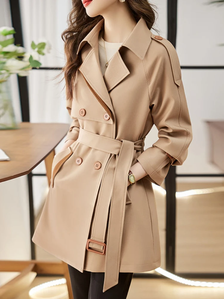 Solid Mid length Trench for Women Fall Winter 2023 New Vintage Turn Down Collar Long Sleeve Jacket Loose Double Breasted Coat