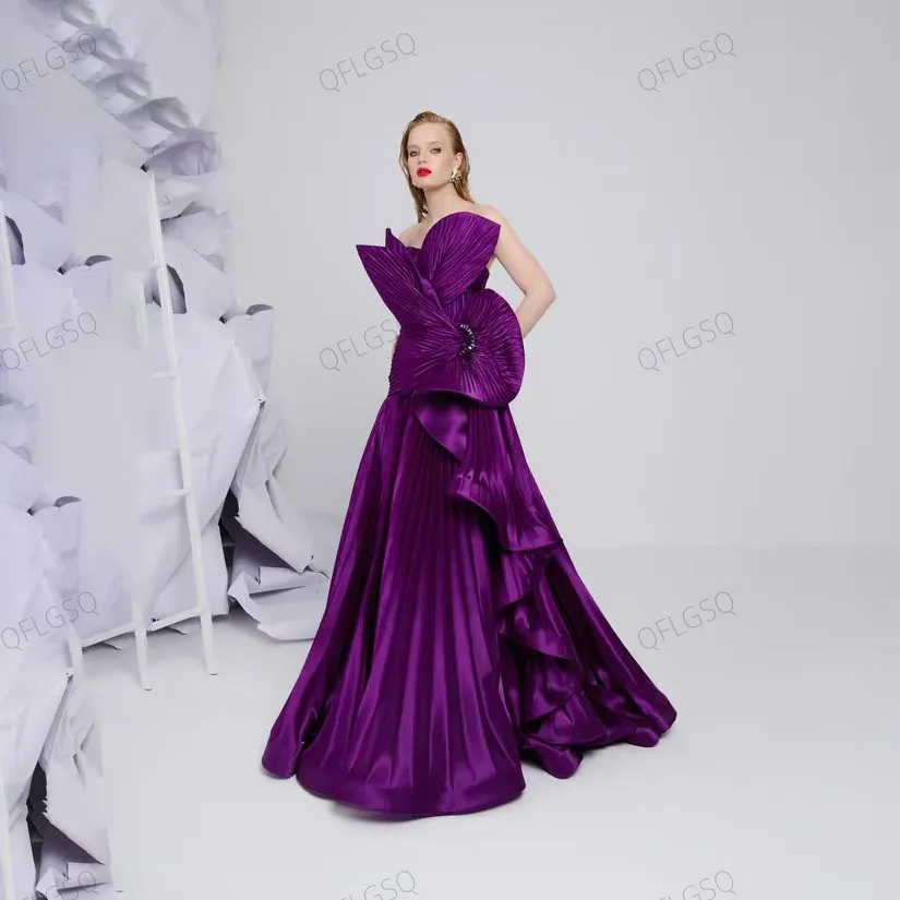 Purple Blossom Off Shoulder Women Dresses A-line Satin Pleated Beaded Flower Details Loose Female Maxi Dress Formal Dress