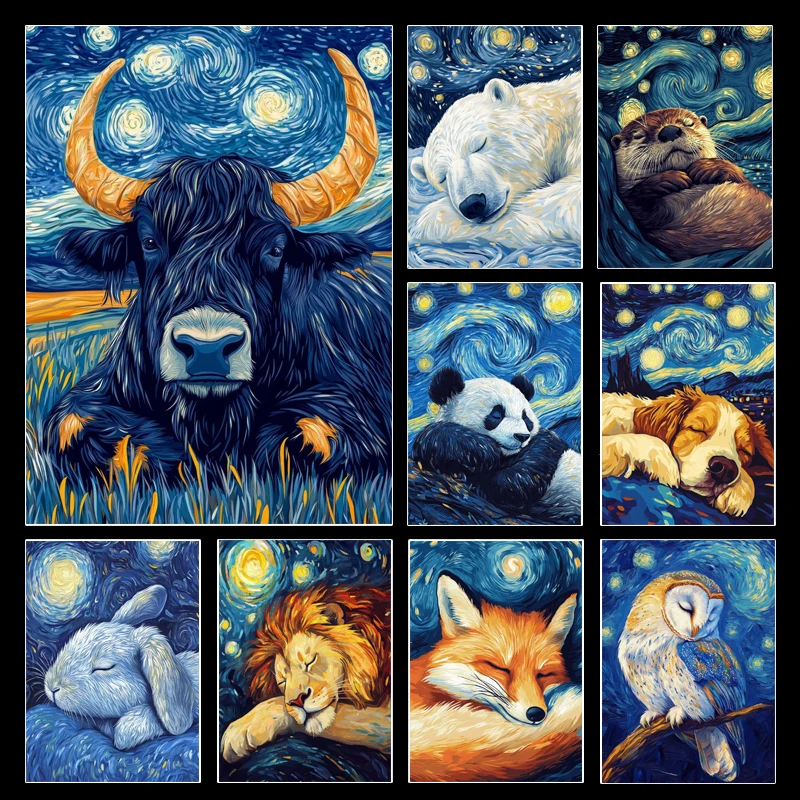 Vintage Abstract Van Gogh's Cute Animals Sleeping Under The Starry Sky Poster Canvas Painting Prints Home Room Art Decoration