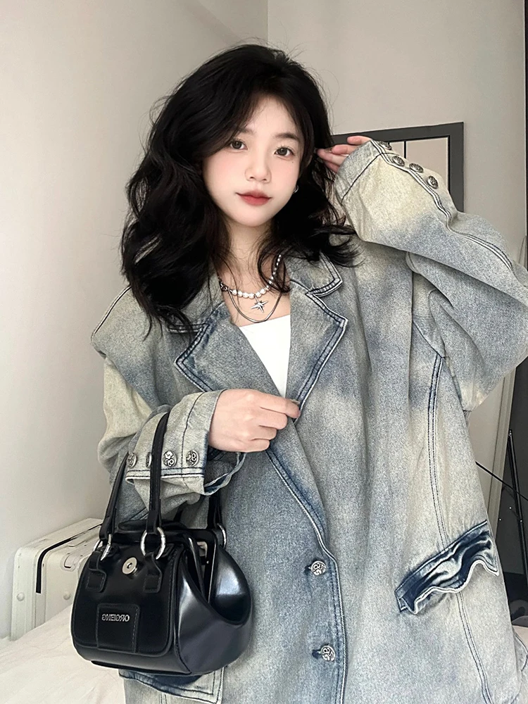 American Vintage Y2k Tops Notched Collar Long Sleeve Tie Dye Button Denim Coat Pockets Lazy Style Casual Loose Women Jackets