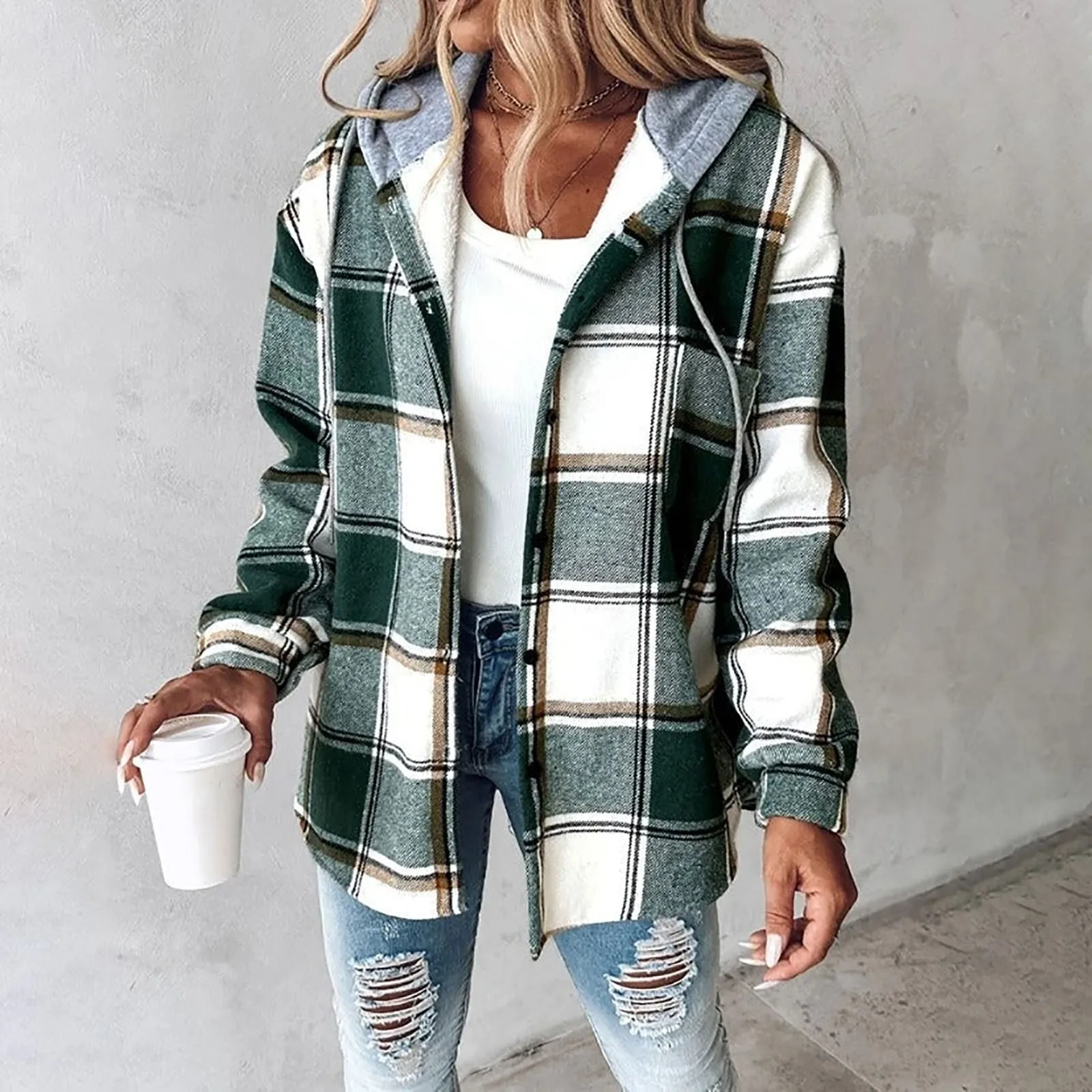 2024 Autumn And Winter New Women\'S Casual Plaid Printed Hoodie Loose Comfortable Warm Fleece Coat Fashion All-Match Coat