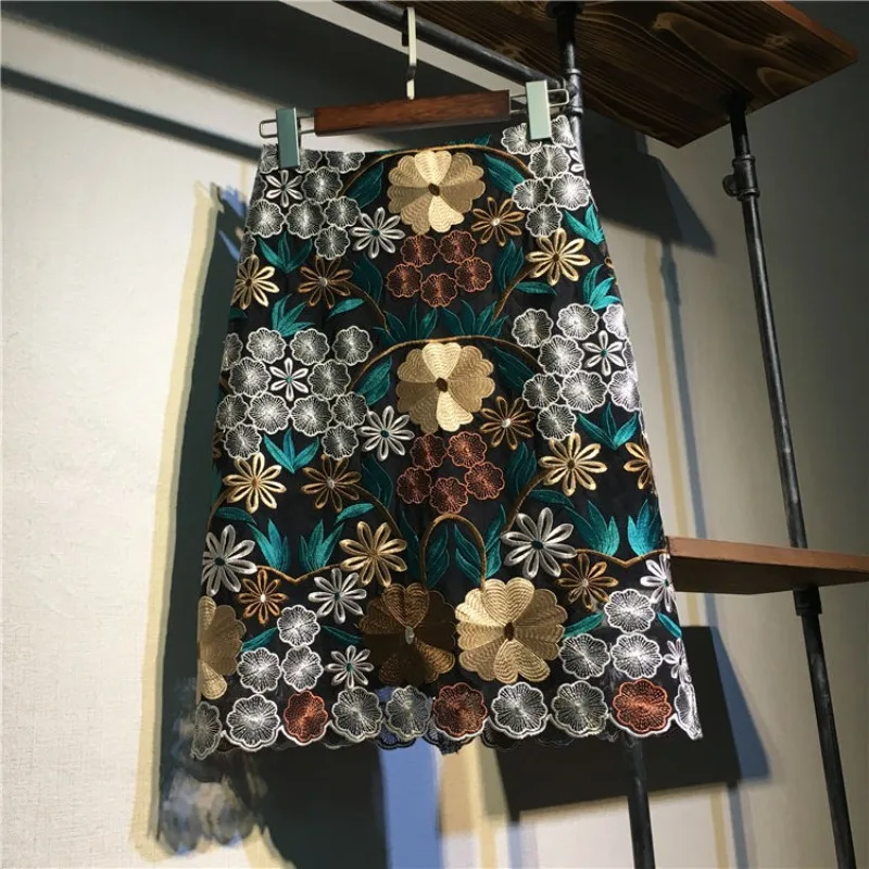 

Women's Lace Midi Skirt Spring Summer Embroidered Over The Knee One-step Skirt Mesh A-line Short Flower Skirts