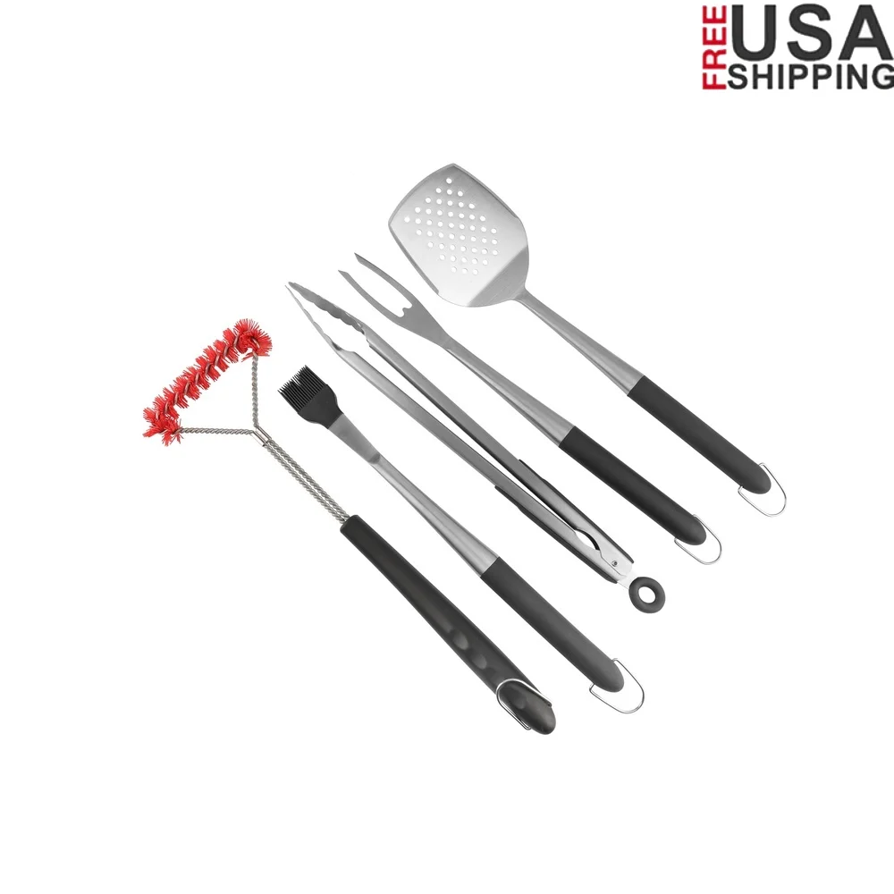 

5pc BBQ Grill Tools Set Stainless Steel Spatula Tong Basting Brush Fork Grill Brush Essential Accessories Cookouts