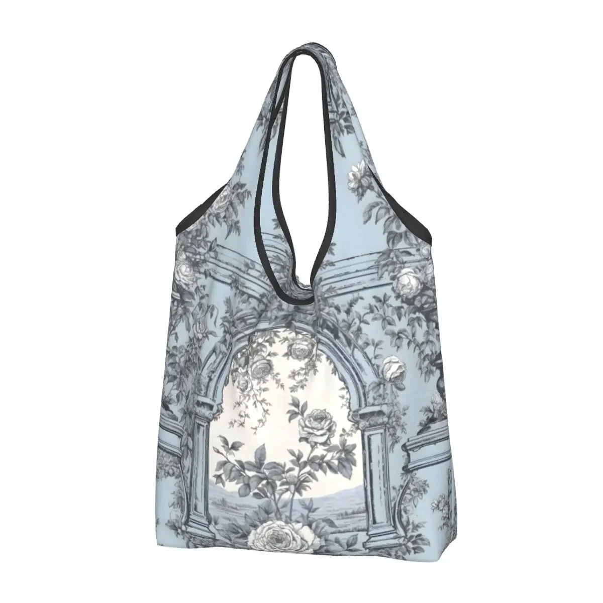 Arch Door Flowers Toile De Jouy Large Reusable Bags Shopping Machine Washable Foldable Fabric Of Jouy Grocery Bags Lightweight