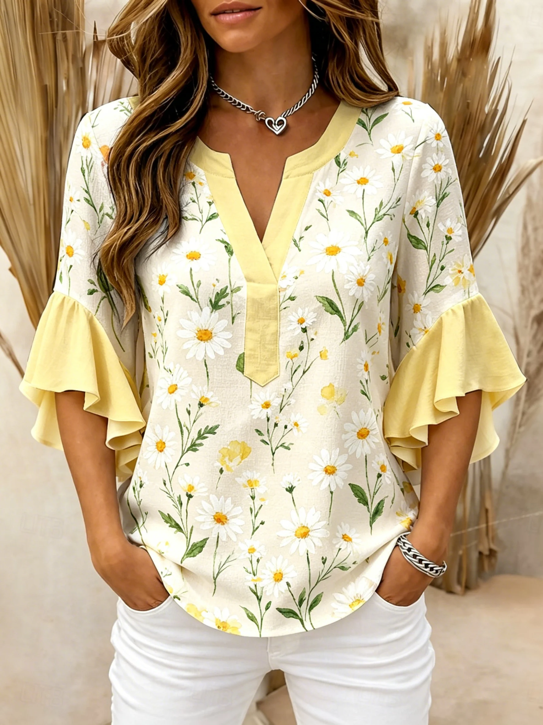 Women's V Neck Ruffle Half Sleeve Daisy Floral Print Blouse, Casual Daily Holiday Tops Cream Yellow White Spring Summer