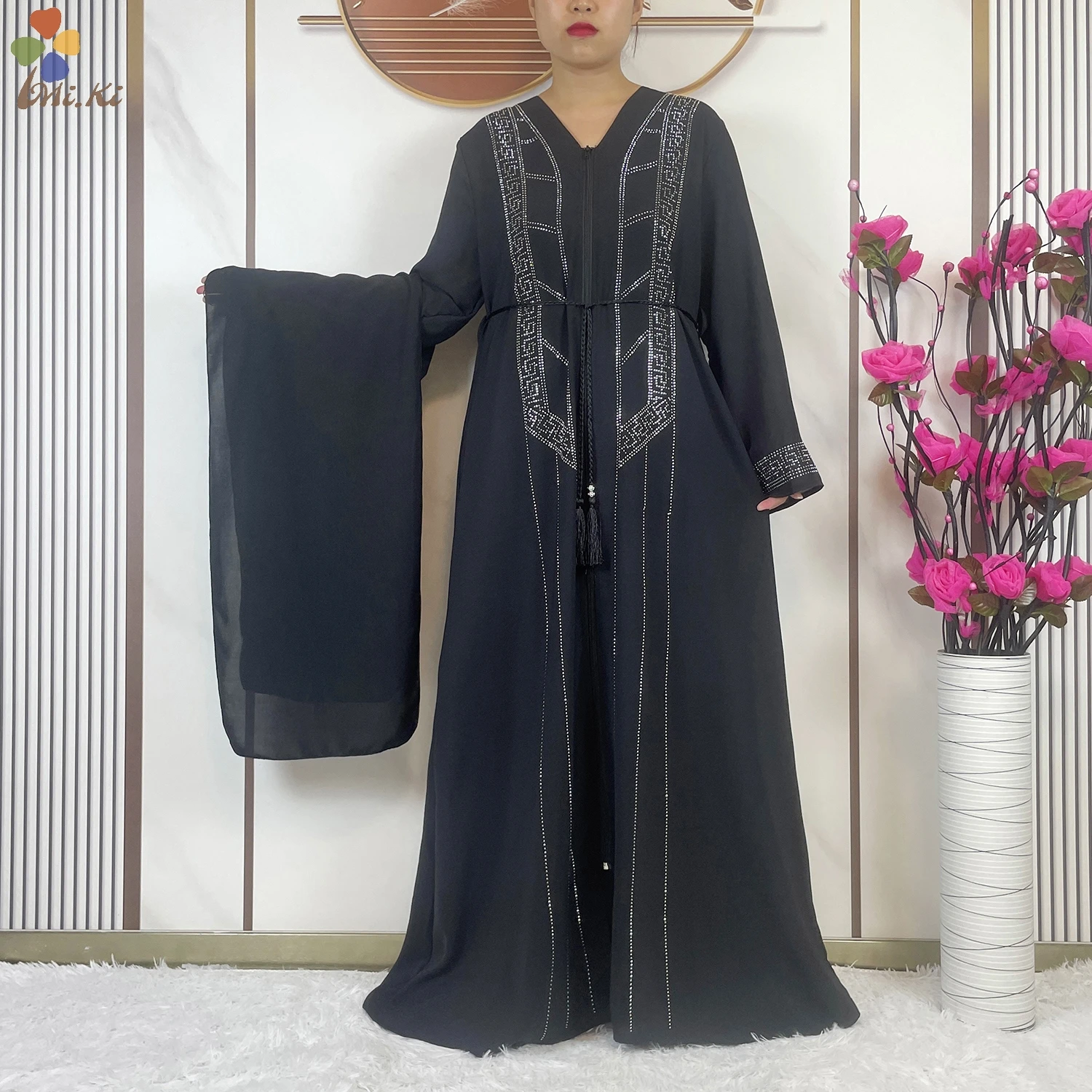 African Abaya Women Elegant Clothing Chiffon Hot Diamond Loose Robe Muslim Women cardigan Zipper Robe Dubai Islamic Clothing