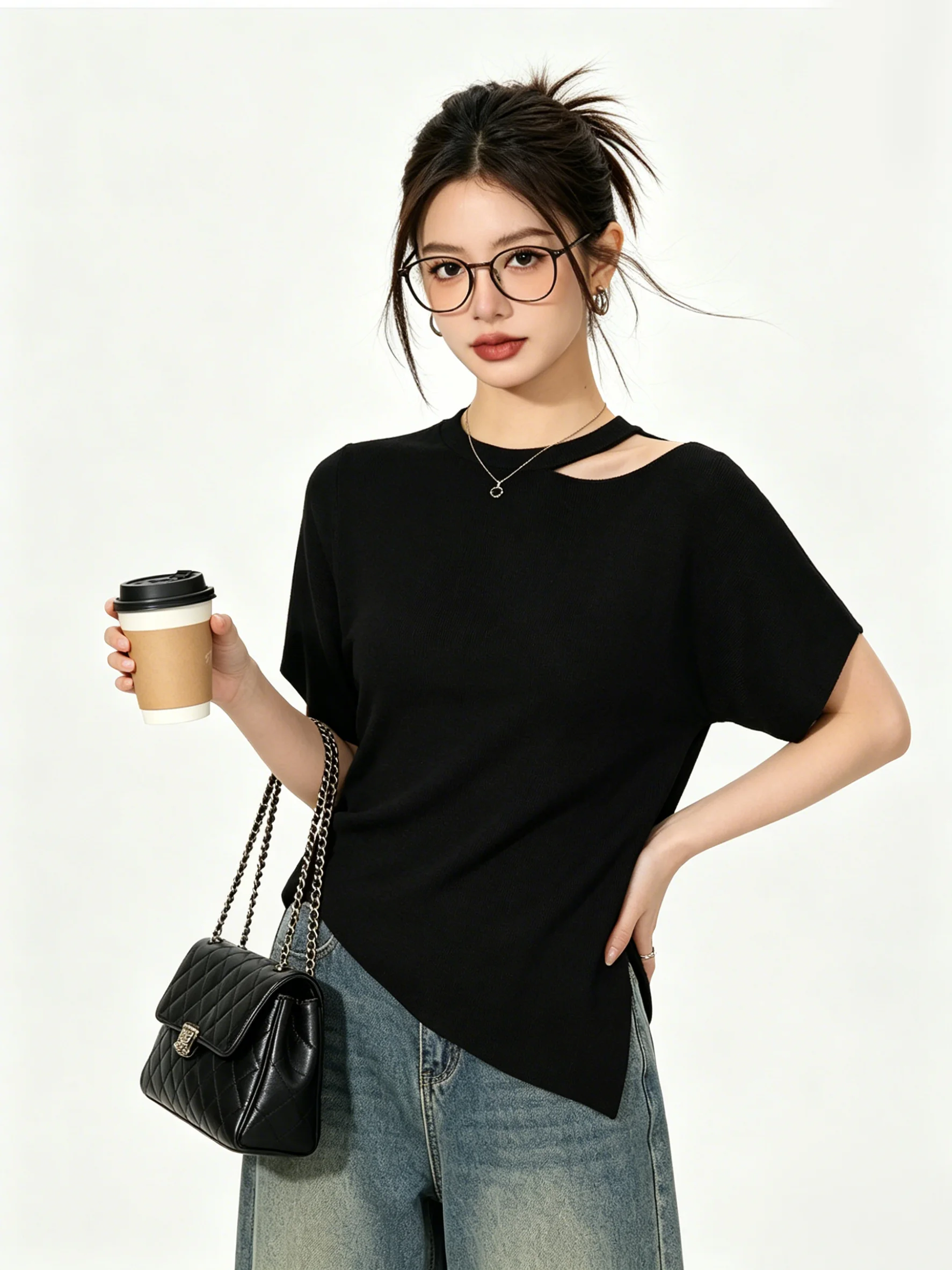 

Black Vintage Skin-friendly Breathable Asymmetrical Shoulder Knitted Top Women Summer Thin Loose Slim Short Sleeve T-shirt
