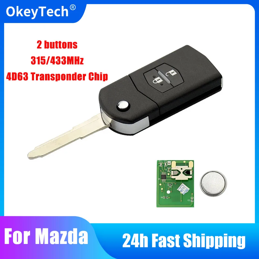 

OkeyTech Flip Folding 2 Button 315/433Mhz 4D63 Transponder Chip Uncut Blank Blade Remote Control Car Key Fob For Mazda 3 6 M3 M6