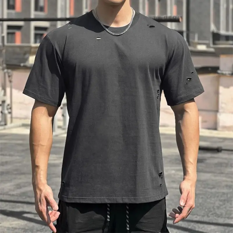 2024 summer new cotton trend men's T-shirt casual round neck short sleeve T-shirt top sports exercise fitness wear