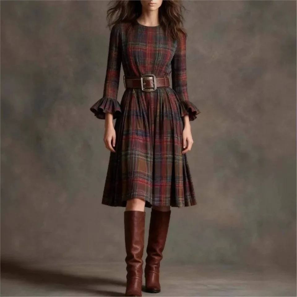 Spring Autumn New Retro Printed Checkered Flared Long-sleeved Women's Dresses 2026 Slimming And Elegant Lace-up Female Dress