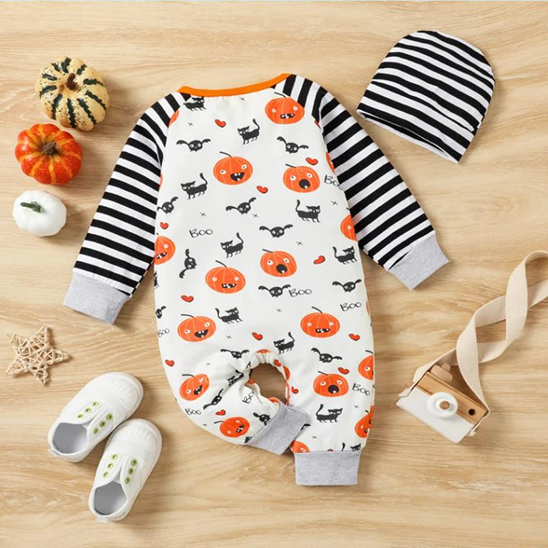 0-24Months Baby Halloween Casual Jumpsuit Long Sleeve O Neck Black Cat Pumpkin Print Romper with Hat