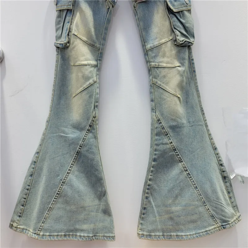 Retro Women Straps Flare Jeans Belted Micro Horn Denim Pants Spicy Girl Long Double Pockets Cowboy Trousers Streetwear Pantalon