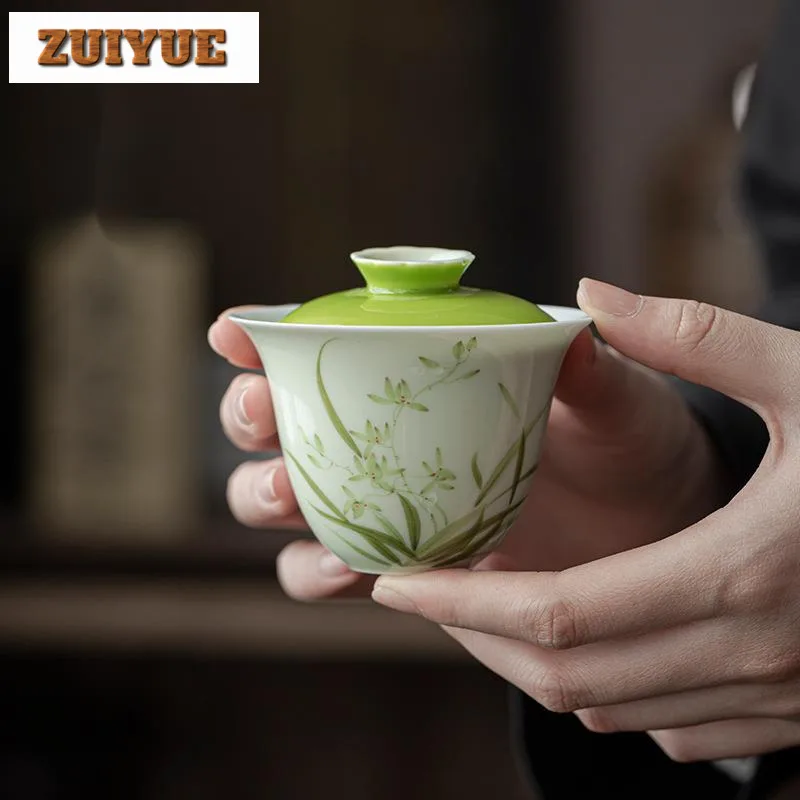 123ml Pure Hand-painted Orchid Gaiwan Luxury Anti Scalding Tea Tureen Household Tea Maker Cover Bowl Chinese Tea Set Decoration