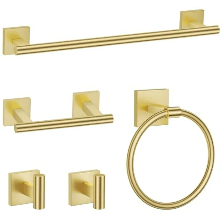 

Bathroom hardware set: brushed gold finish, SUS304 stainless steel, 24-inch round wall-mounted towel bar with matching accessor