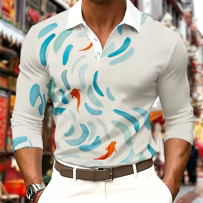 Men Contrast White Collar Long Sleeve Polo Shirt V‑Neck Starry Sky Koi Leaf Constellation Print Slim Fit Casual Tops