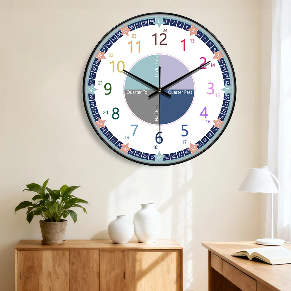 

12 inch Early Education Wall Clock Creative Cartoon Colorful Clock for Study Kid's Room Time Management Home Decoration