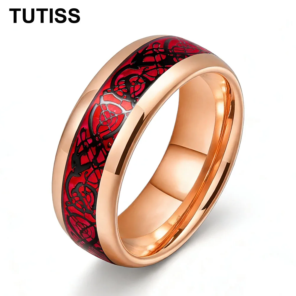 

TUTISS 6/8mm Dome Polishing Carbon Fiber Red Dragon Inlay Tungsten Ring Men Women Engagement Wedding Band Comfort Fit