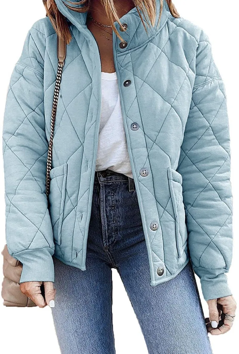 Women\'s Quilted Jacket Long Sleeve Spring and Autumn Thin Casual Stand-Up Collar Button Jacket with Pocket