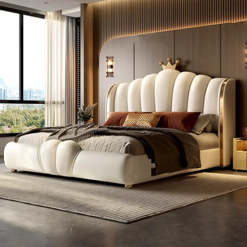 Marco de cama estético de diseño Modular, tamaño King, cama doble Queen, Camas de piel sintética blanca, muebles de dormitorio matrimoniales