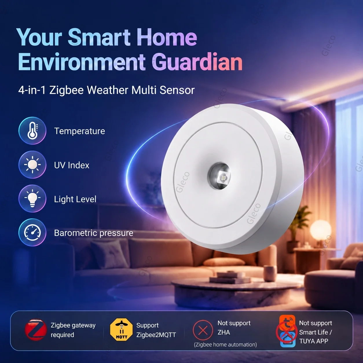Zigbee Wetterstation Sensor Mini AirGuard TH Druckbarometer Temperatur Helligkeits-UV-Detektor für Home Assistant 2MQTT