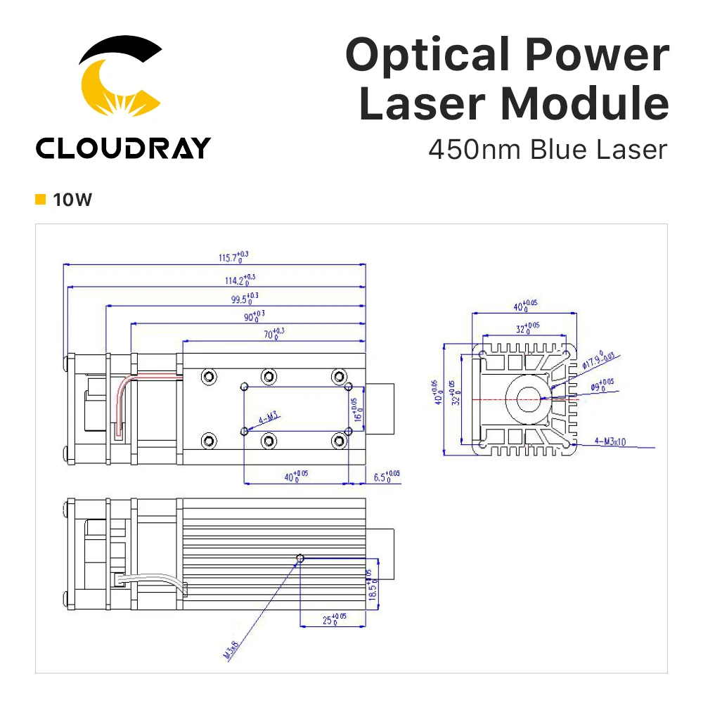 Cloudray Laser biru 450nm, modul Laser daya optik 5W 10W 20W dan kompatibilitas Diode AC asli untuk menandai Laser