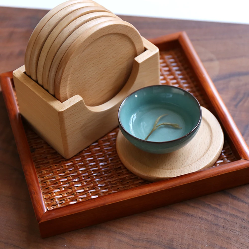 6Pcs Japanese Style Beech Wood Coaster Placemats Wooden Coaster Box Round Shape Insulation Cup Mat Coffee Tea Cup Pad