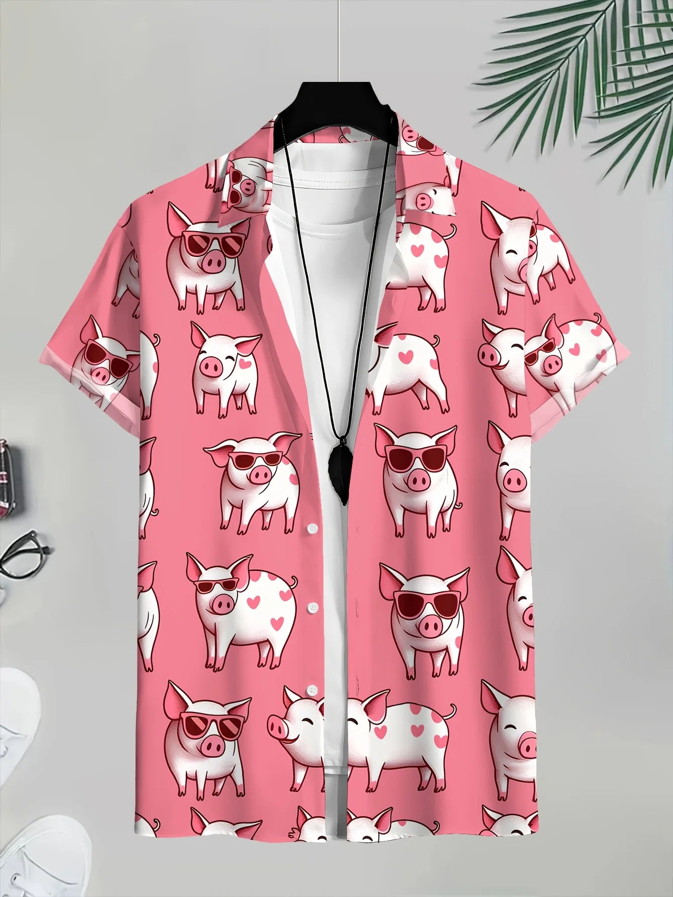 Men Short Sleeve Shirt Cute Pig Sunglasses Heart Print Turn‑Down Collar Button‑Up Beach Summer Top