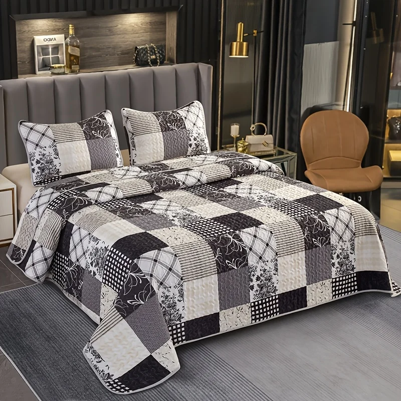 3pcs Brushed Print Quilted Bedspread Set, Grey Patchwork Printed Duvet Cover Three-Piece Set