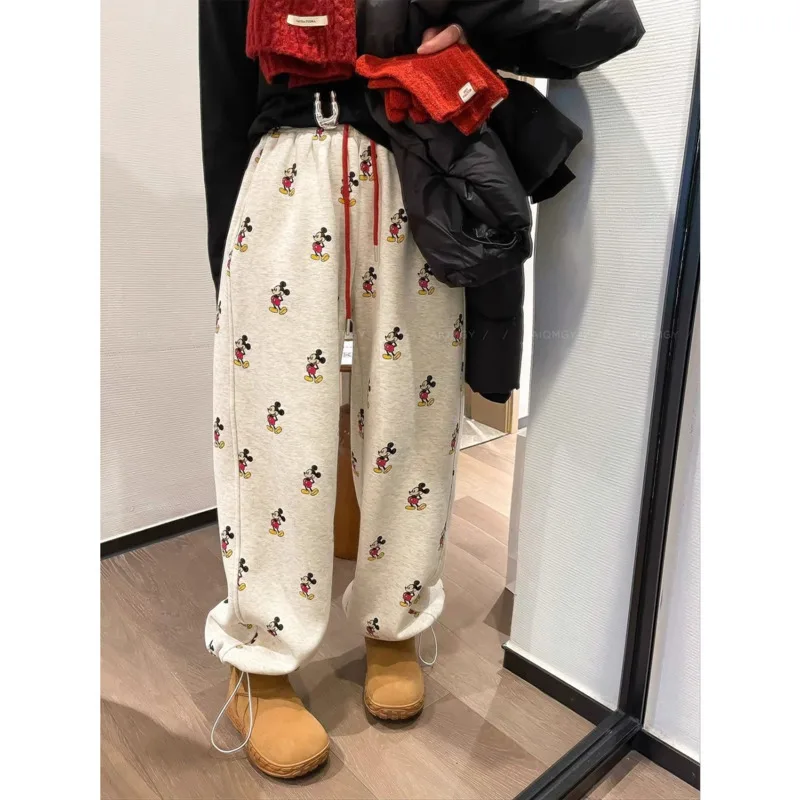 Disney Mickey Mouse Full Cartoon Print Korean Version Loose Casual Trousers Autumn Winter New Velvet Warm Sweatpants For Women