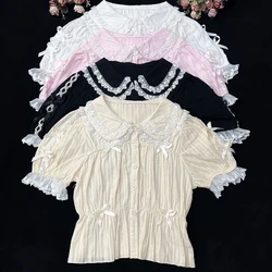 Sweet Lolita Blouse Girly Japan Kawaii Bow Lace Peter Pan Collar Short Sleeve Shirts Women White High Waist Slim Inside Blouses