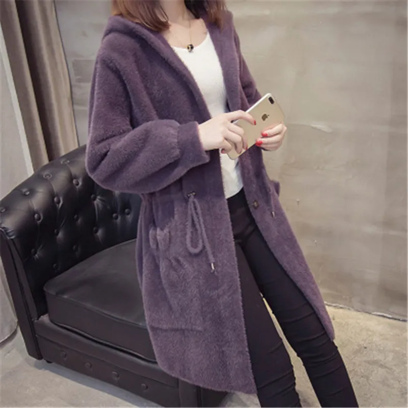 Women Autumn Winter Imitation Mink Cashmere Knitted Cardigans New Loose Sweater Coats Female Hooded Casual Outerwear