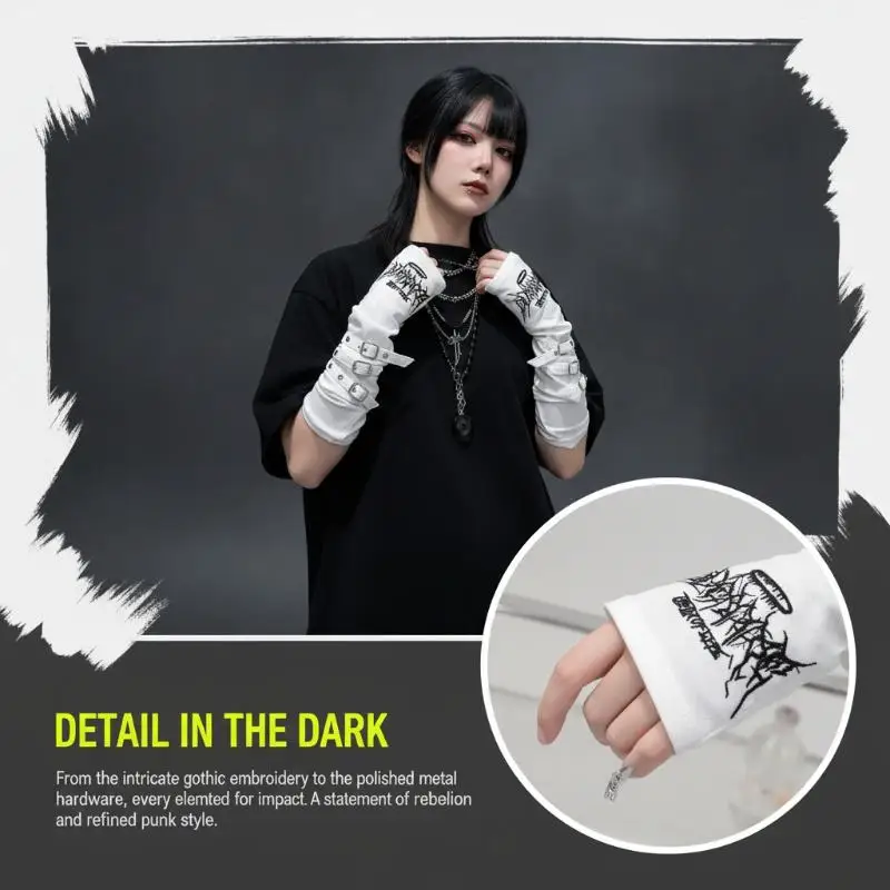 1 Paar schwarze, fingerlose, lange Handschuhe im Gothic-Stil mit Stickereien, verstellbaren Schnallen, ideal für Halloween, Cosplay, Punk-Partys und als Streetwear. – Detail 9