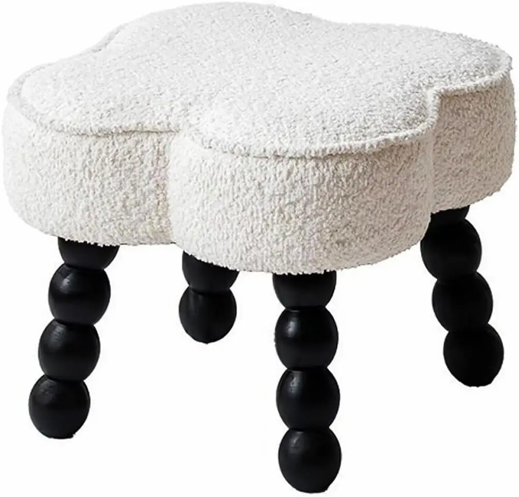 

Ultimate Comfort Small Foot Stool Ottoman - Luxuriously Soft Sherpa Cover, Four-Leaf Clover Shape, Beaded Stool Legs - I For