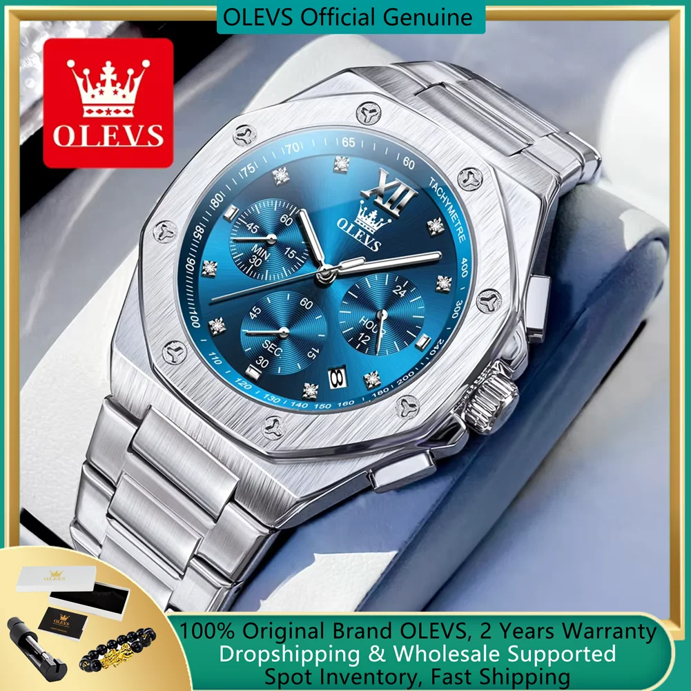 OLEVS 2024 New Men\'s Watches Original Luxury Stainless Steel Waterproof Chronograph Quartz Wrist Watch for Men Fashion Man Watch