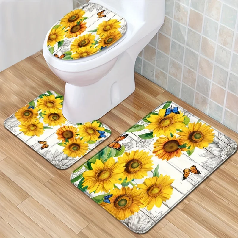 1/3pcs Anti-slip Sunflower Bathroom Rug Set, Wood Board Design, Absorbent and Machine Washable, Yellow Floral Decor, Toilet Lid