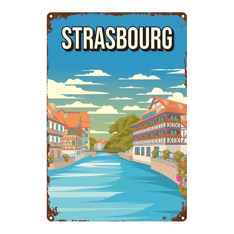 2D Flat, 1pc, Metal Sign, Strasbourg France Travel Poster - Petite France & Canal, This Stylish Art Wall Decor Is a Humorous Iro