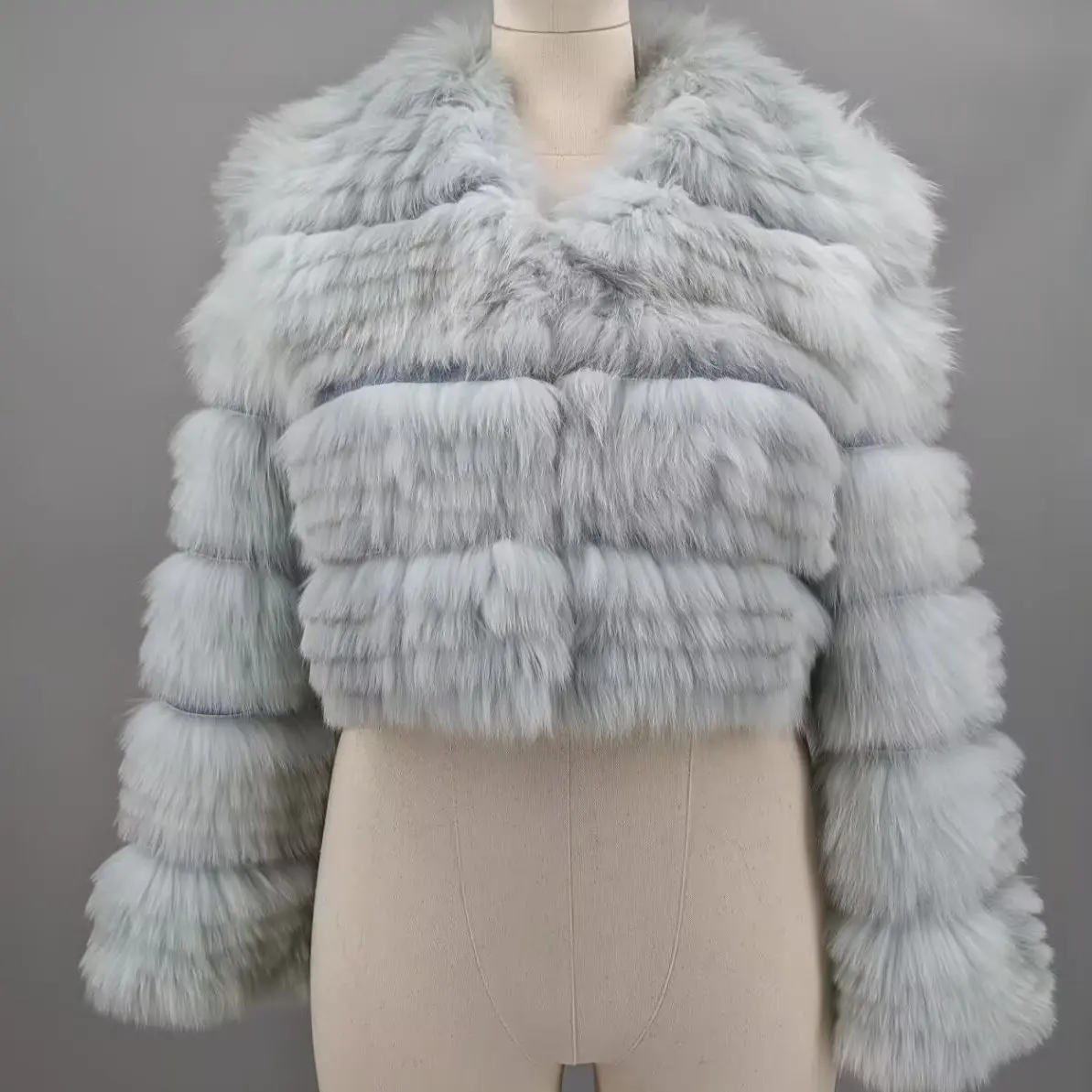 Women Baby Blue Korean Style Real Stitched Striped Fox Fur Cropped Coat V Neck Lightweight Thin Fur Outerwear For South Mild Win