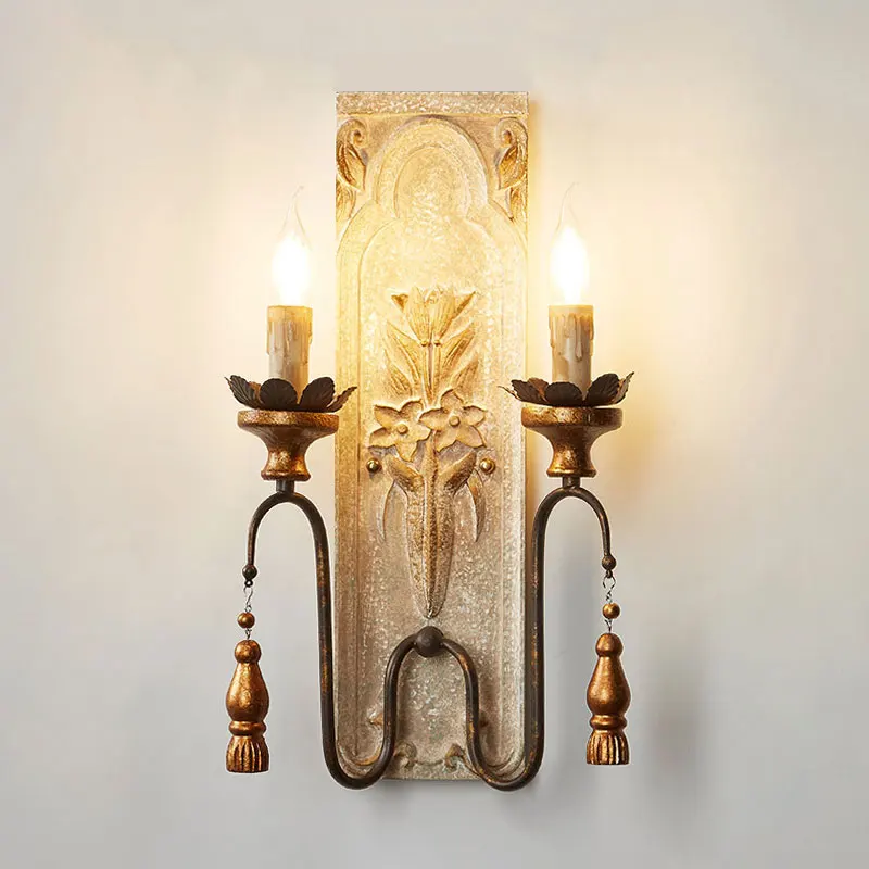 Lámpara de pared rústica americana de doble cabezal, lámpara de pared francesa, tallado en madera maciza, estilo vintage, para sala de estar, dormitorio, pasillo, aplique de pared