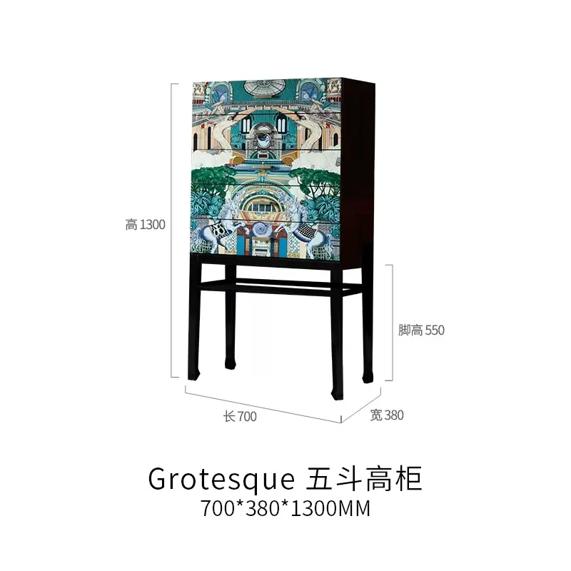 Italian light luxury painted decorative storage side cabinet hand painted story art storage high cabinet